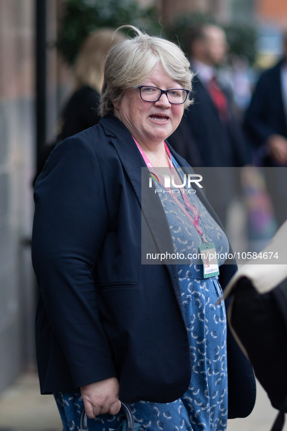 Therese Coffey MP during the Conservative Party Conference at Manchester Central Convention Complex, Manchester on Monday 2nd October 2023. 