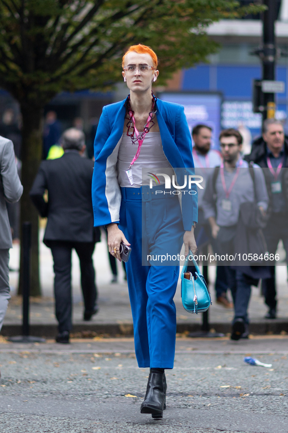 Casey Byrne, Tory activist, during the Conservative Party Conference at Manchester Central Convention Complex, Manchester on Monday 2nd Octo...