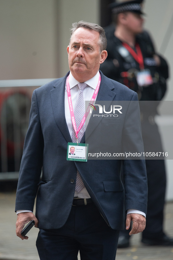 Liam Fox MP during the Conservative Party Conference at Manchester Central Convention Complex, Manchester on Monday 2nd October 2023. 