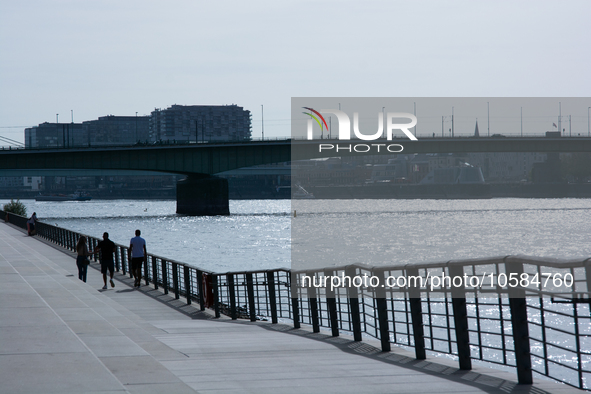 A general view of the Rhine River in Cologne, Germany, on October 2, 2023, is being shown as warm weather is bringing unusually hot October...