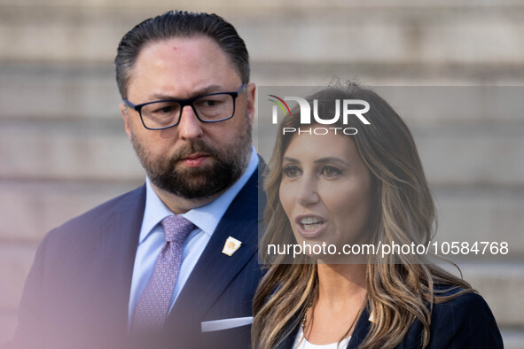 Lawyer Alina Habba and some of Donald Trump's legal team speak to the press outside the New York Supreme Court as Donald Trump faces trial i...