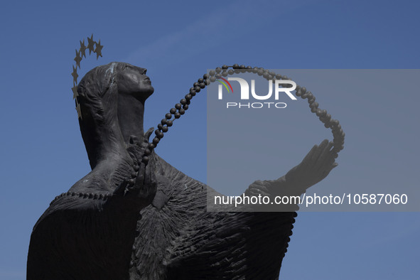 Detail of one of the statues of the Virgin Mary near the monument of Christ the King, in Almada, Lisbon. September 04th, 2023. The National...