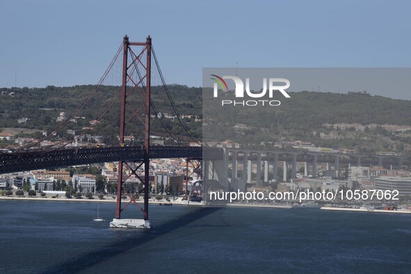 General view of the 25th of April bridge observed from one of the viewpoints near the monument of Christ the King, in Almada, Lisbon. Septem...