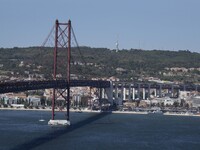 General view of the 25th of April bridge observed from one of the viewpoints near the monument of Christ the King, in Almada, Lisbon. Septem...