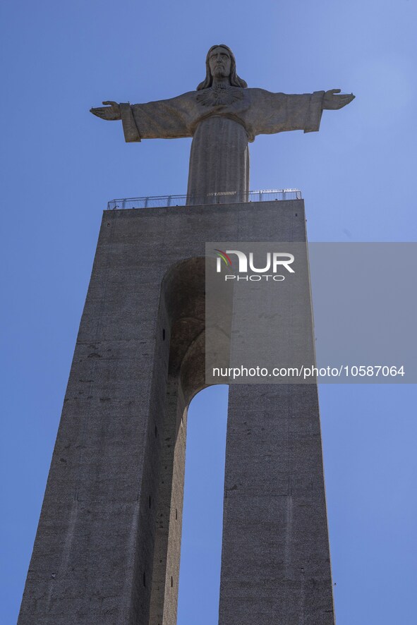 Close-up of the upper part of the monument of Christ the King, in Almada, Lisbon. September 04, 2023. The National Shrine of Christ the King...