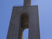 Close-up of the upper part of the monument of Christ the King, in Almada, Lisbon. September 04, 2023. The National Shrine of Christ the King...