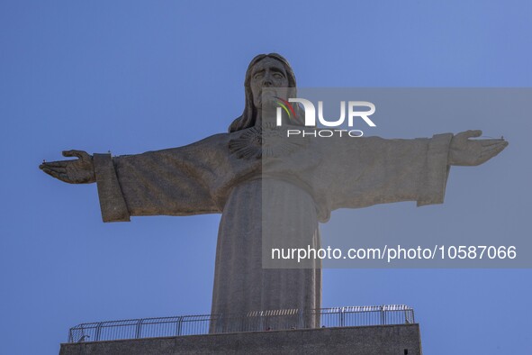 Close-up of the upper part of the monument of Christ the King, in Almada, Lisbon. September 04, 2023. The National Shrine of Christ the King...