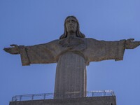 Close-up of the upper part of the monument of Christ the King, in Almada, Lisbon. September 04, 2023. The National Shrine of Christ the King...