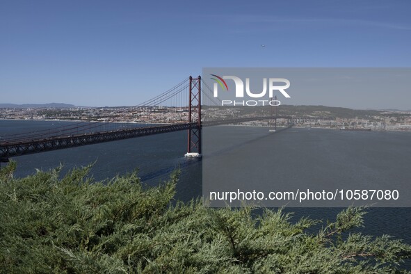 General view of the 25th of April bridge observed from one of the viewpoints near the monument of Christ the King, in Almada, Lisbon. Septem...