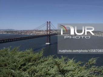 General view of the 25th of April bridge observed from one of the viewpoints near the monument of Christ the King, in Almada, Lisbon. Septem...