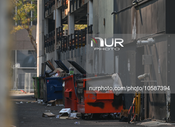 EDMONTON, CANADA - SEPTEMBER 29, 2023:
Garbage bins used by homeless individuals to sleep in downtown Edmonton, on September 29, 2023, in Ed...