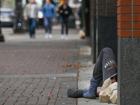 EDMONTON, CANADA - SEPTEMBER 29, 2023:
A homeless person on a street in downtown Edmonton, on September 29, 2023, in Edmonton, Alberta, Cana...