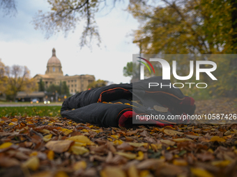 EDMONTON, CANADA - SEPTEMBER 29, 2023:
A sleeping bag left by a homeless person in front of Alberta Legislature, on September 29, 2023, in E...