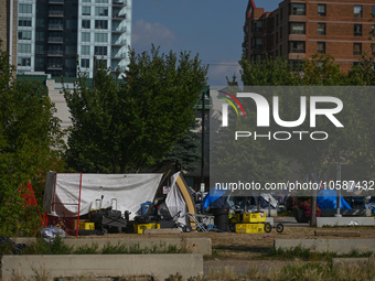 EDMONTON, CANADA - SEPTEMBER 29, 2023:
General view of Boyle Street encampment, one of several small-scale sanctioned encampments serving Ed...