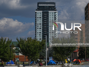 EDMONTON, CANADA - SEPTEMBER 29, 2023:
General view of Boyle Street encampment, one of several small-scale sanctioned encampments serving Ed...