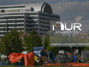 EDMONTON, CANADA - SEPTEMBER 29, 2023:
General view of Boyle Street encampment, one of several small-scale sanctioned encampments serving Ed...