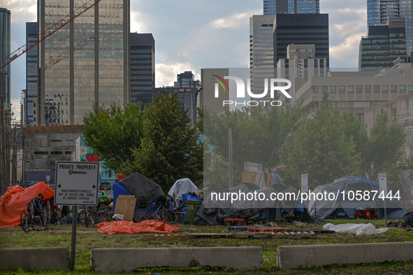 EDMONTON, CANADA - SEPTEMBER 29, 2023:
General view of Boyle Street encampment, one of several small-scale sanctioned encampments serving Ed...