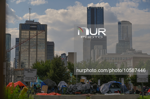 EDMONTON, CANADA - SEPTEMBER 29, 2023:
General view of Boyle Street encampment, one of several small-scale sanctioned encampments serving Ed...