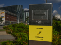 EDMONTON, CANADA - SEPTEMBER 29, 2023:
Street bin for used syringes seen in downtown Edmonton, on September 29, 2023, in Edmonton, Alberta,...