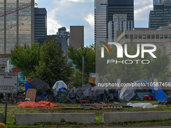 EDMONTON, CANADA - SEPTEMBER 29, 2023:
General view of Boyle Street encampment, one of several small-scale sanctioned encampments serving Ed...