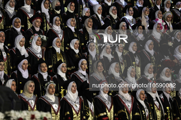 Students from the University of Al-aqsa celebrate graduation during an annual ceremony, in Khan Yunis in the southern Gaza Strip, on October...