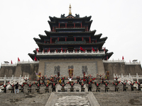 Huang Jianmin, an inheritor of the Qin and Han Dynasty battle drum, practices the ''Qin and Han Dynasty battle drum'' with students at the d...