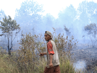 A man walks through a forest fire in Pulau Semambu Village, North Inderalaya District, Ogan Ilir Regency, South Sumatra on Tuesday, October...