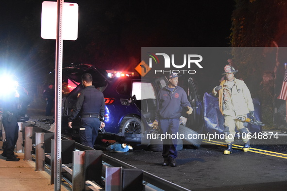 The Hudson County Regional Collision Investigation Unit, Jersey City Police and Jersey City Firefighters at the scene of a multiple fatal ac...