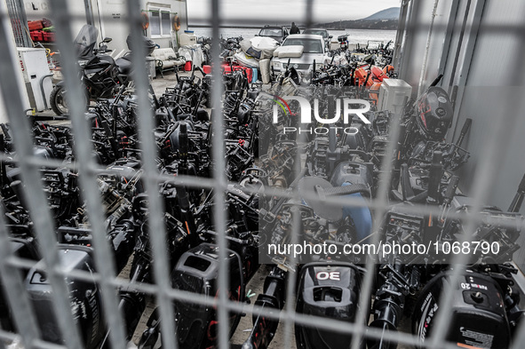 Motors of boats in Mytilene, island of Lesbos, Greece, on February 24, 2016. More than 110,000 migrants and refugees have crossed the Medite...