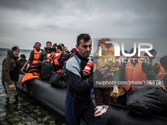 Migrants arrive in Mytilene, island of Lesbos, Greece, on February 24, 2016. More than 110,000 migrants and refugees have crossed the Medite...