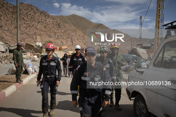 The Spanish rescue team Ericam works with Moroccan firefighters during an operation near the village of Talat N'Yaabouq in the Atlas Mountai...