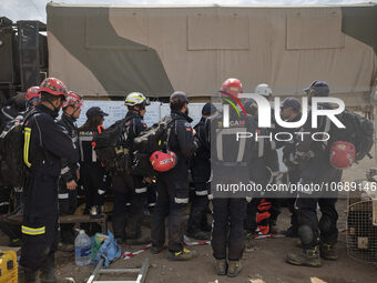 The Spanish rescue team Ericam works with Moroccan firefighters during an operation near the village of Talat N'Yaabouq in the Atlas Mountai...