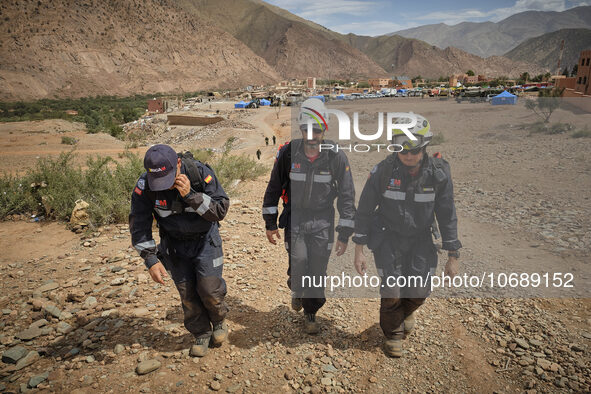 The Spanish rescue team Ericam works with Moroccan firefighters during an operation near the village of Talat N'Yaabouq in the Atlas Mountai...