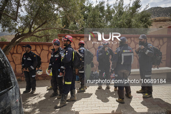 The Spanish rescue team Ericam works with Moroccan firefighters during an operation near the village of Talat N'Yaabouq in the Atlas Mountai...