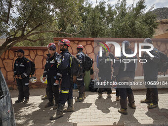 The Spanish rescue team Ericam works with Moroccan firefighters during an operation near the village of Talat N'Yaabouq in the Atlas Mountai...