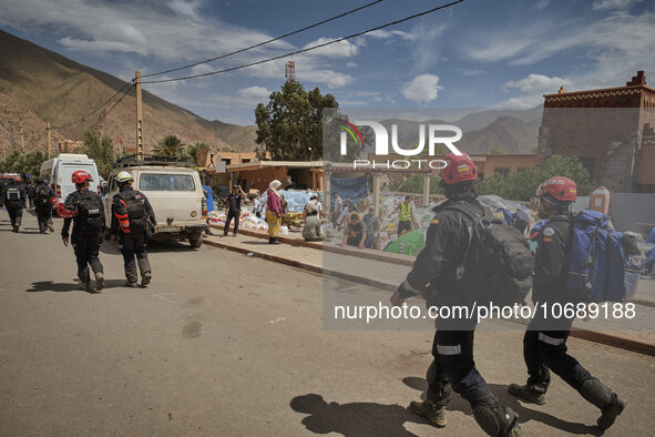 The Spanish rescue team Ericam works with Moroccan firefighters during an operation near the village of Talat N'Yaabouq in the Atlas Mountai...