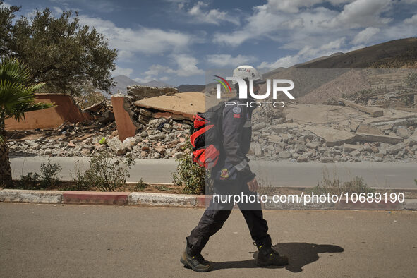 The Spanish rescue team Ericam works with Moroccan firefighters during an operation near the village of Talat N'Yaabouq in the Atlas Mountai...