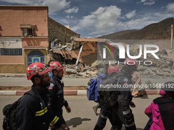 The Spanish rescue team Ericam works with Moroccan firefighters during an operation near the village of Talat N'Yaabouq in the Atlas Mountai...