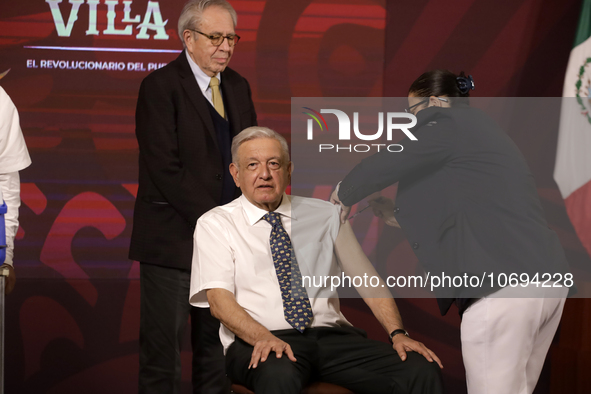 October 24, 2023, Mexico City, Mexico: The President of Mexico, Andres Manuel Lopez Obrador gets vaccinated against influenza and Covid19 du...