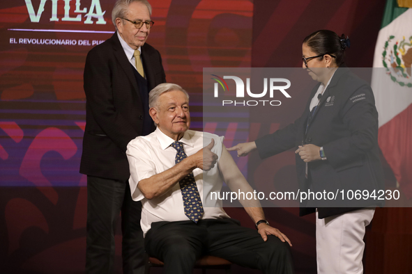 October 24, 2023, Mexico City, Mexico: The President of Mexico, Andres Manuel Lopez Obrador gets vaccinated against influenza and Covid19 du...