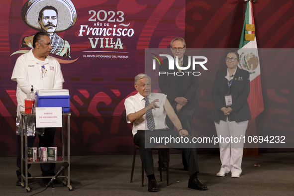 October 24, 2023, Mexico City, Mexico: The President of Mexico, Andres Manuel Lopez Obrador gets vaccinated against influenza and Covid19 du...