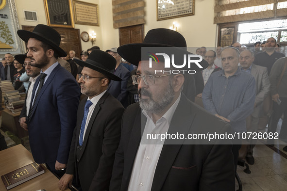 Rabbi Younes Hamami Lalehzar (C), Leader of Iranian Jews, stands next to two other Jewish Rabbis, at a synagogue in downtown Tehran during a...