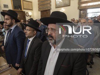 Rabbi Younes Hamami Lalehzar (C), Leader of Iranian Jews, stands next to two other Jewish Rabbis, at a synagogue in downtown Tehran during a...