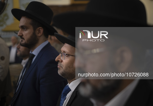 Jewish Rabbis stand at a synagogue in downtown Tehran during a gathering to protest against Israeli attacks on Palestinian civilians, Octobe...