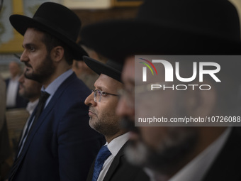 Jewish Rabbis stand at a synagogue in downtown Tehran during a gathering to protest against Israeli attacks on Palestinian civilians, Octobe...