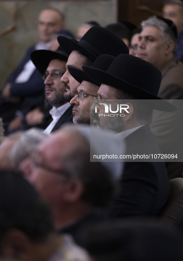 Jewish Rabbis stand at a synagogue in downtown Tehran during a gathering to protest against Israeli attacks on Palestinian civilians, Octobe...