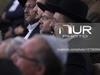 Jewish Rabbis stand at a synagogue in downtown Tehran during a gathering to protest against Israeli attacks on Palestinian civilians, Octobe...