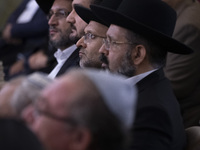 Jewish Rabbis stand at a synagogue in downtown Tehran during a gathering to protest against Israeli attacks on Palestinian civilians, Octobe...