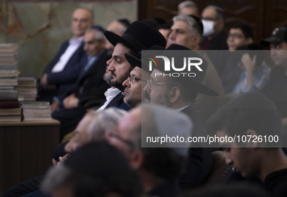 Jewish Rabbis stand at a synagogue in downtown Tehran during a gathering to protest against Israeli attacks on Palestinian civilians, Octobe...