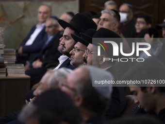 Jewish Rabbis stand at a synagogue in downtown Tehran during a gathering to protest against Israeli attacks on Palestinian civilians, Octobe...